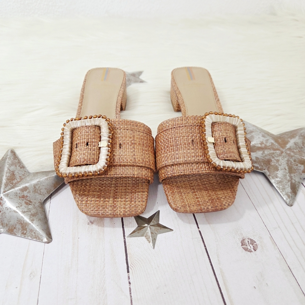 Sam Edelman Deacon Bead Buckle Sandals Brown Woven Raffia Slide Size 5.5 New - Picture 2 of 7